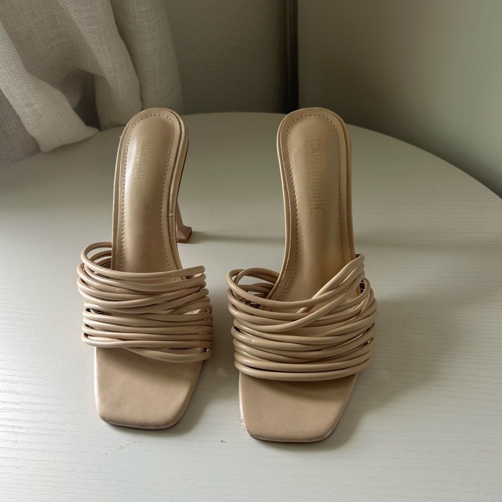 Zara Beige Strappy Square-Toe Heeled Sandals